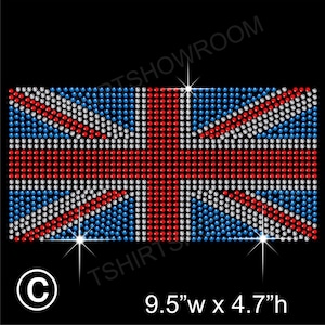 May include: A Union Jack flag design made of red, white, and blue rhinestones. The flag is 9.5 inches wide and 4.7 inches tall.