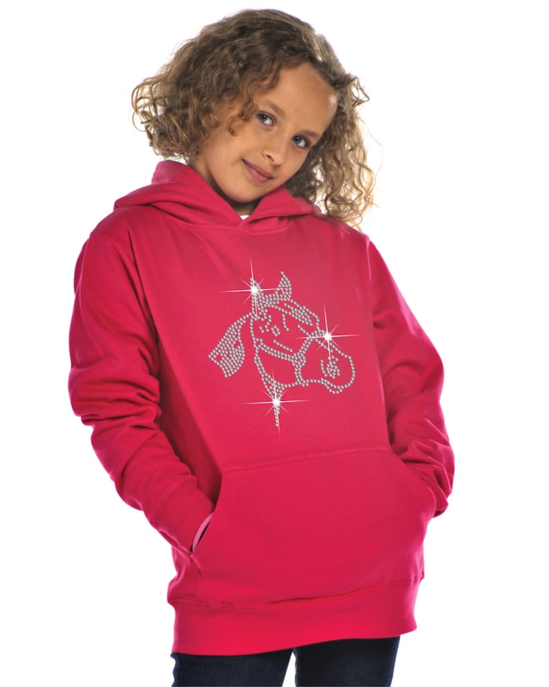 Horse Face Rhinestone / Diamanté embellished Children's Hoodie Unisex style Beautiful pullover for animal loving kids Great gift image 1