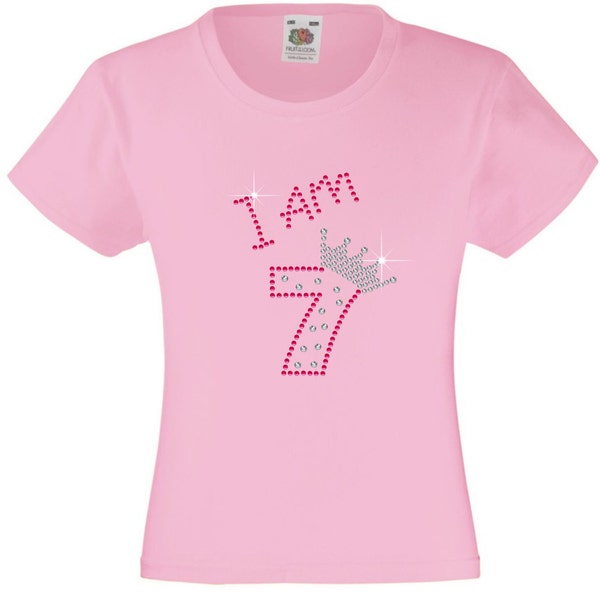 I am 7 Birthday Rhinestone Diamante Embellished T Shirt for Girls, Great surprise gift idea for her special birthday