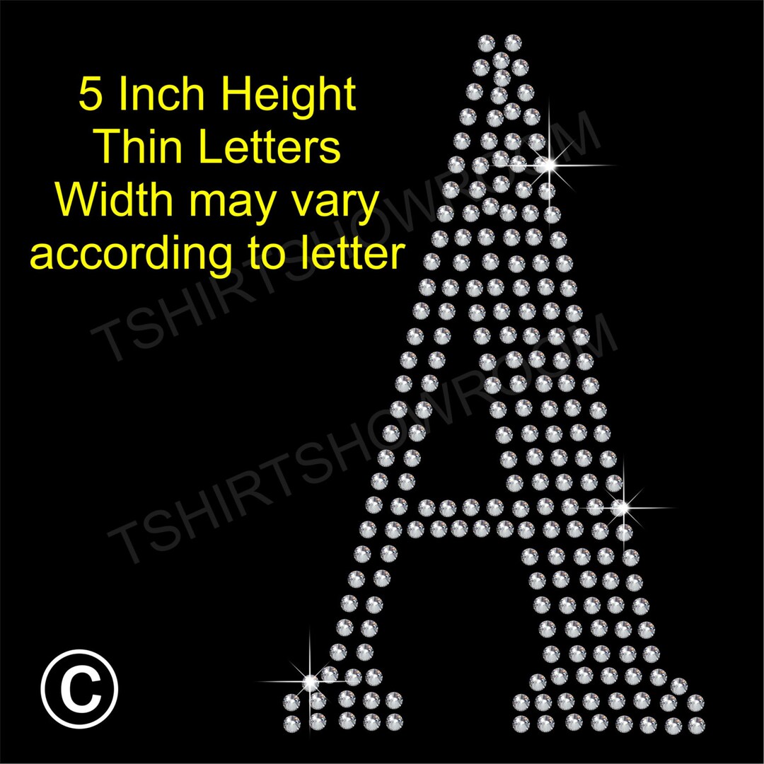 Custom 5 Arial Letter Rhinestone/Diamante Transfers – Hot Fix Iron-On, 2.5” Clear Crystal