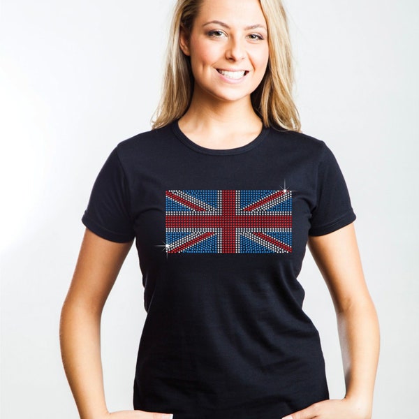 Union Jack - UK Flag - Platinum Jubilee Rhinestone / Diamante embellished Women's T Shirt Great gift idea, Ladies Fit soft touch feel