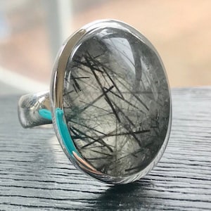 Black Rutile Quartz Ring with Natural Tourmaline Quartz - Sterling Silver Set - Natural Quartz Oval Statement Ring- Gifts For Men and Women