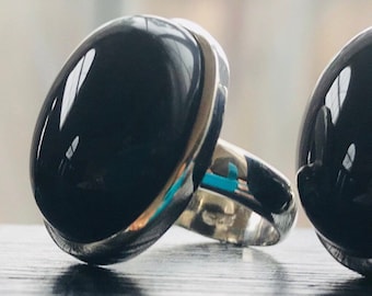 Oval Black Onyx Ring: Sterling Silver Bezel Set Statement Ring