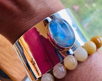 Sterling Silver Cuff Bracelet -Heavy Wide Wrist Bracelet- 30mm Silver 18GZ Bracelet With Moonstone- Blue Gemstone Bangle-Bridal Gift For Her