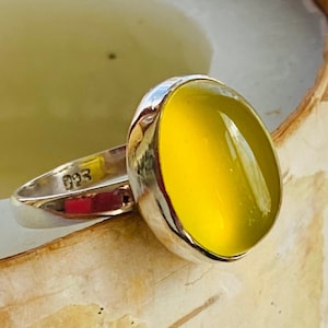Yellow Gemstone Ring for Men Women-Sterling Silver Aventurine Ring 925- March April Birthstone Ring- Yellow Chalcedony Stone Ring- Cabochon