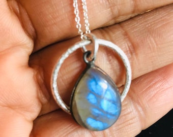Tiny Silver Labradorite drop pendant necklace sterling silver set small dainty teardrop blue flash drop gemstone circle jewelry for her gift