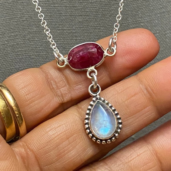 Ruby Moonstone drop necklace sterling silver bezel two stone elegant tiny handmade unique designer necklace birthstone jewelry gifts for her