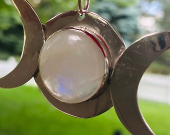 Triple Moon Goddess Moonstone and Sterling Silver Pendant Necklace: Gothic Pagan Three Moon Phase Crescent Pendant-Extra Large Vintage Style