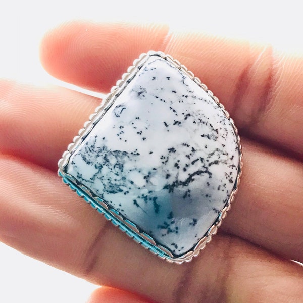 Dendritic opal ring size 12 sterling silver set large chunky rings white fern agate ring unique boho October birthstone gifts for her women