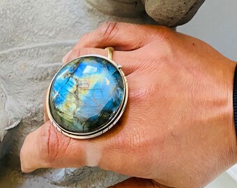 Blue Labradorite Statement Ring For Women- Large Round Adjustable Size 8/9 Gemstone Ring- Sterling Silver Set Labradorite Moonstone Ring