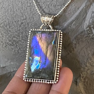 Purple Labradorite Pendant For Men Women-Rectangle Labradorite Necklace- Sterling Silver Labradorite Pendant-Sterling Silver Set Labradorite