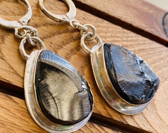 Shungite Teardrop Dangly Earrings: Sterling Silver 925 Set with Large Black Gemstone Dangle - Statement Jewelry for Unique Gifts for Women