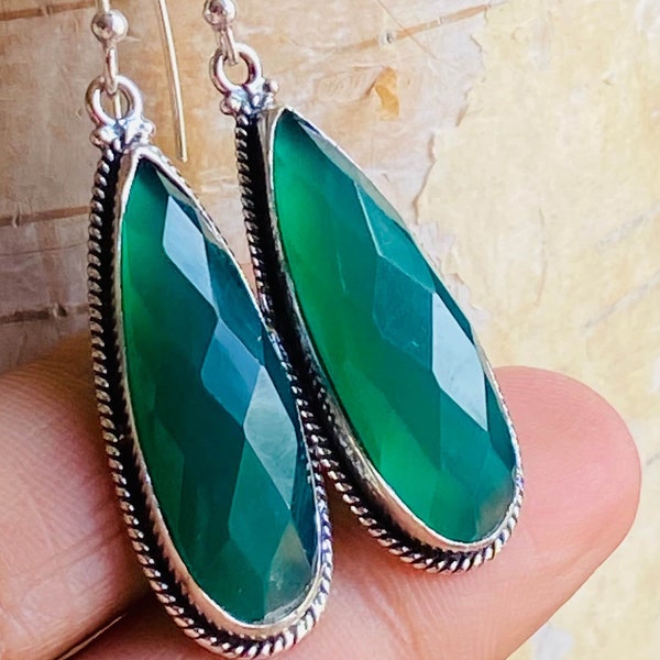 Long Green Earrings -Teardrop Earrings: Natural Gemstone Earrings Sterling Silver Set Large Crystal Earrings-Jewelry Gifts for Her, Women