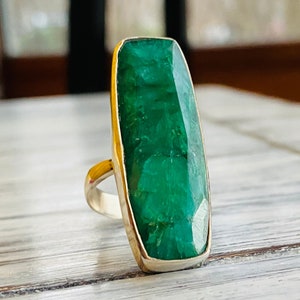 Raw Emerald Sterling Silver Adjustable Ring for Women -Gifts-Minimalist Bohemian Long Rectangle Oblong Green Statement Ring- Size 6 7 8 9 10