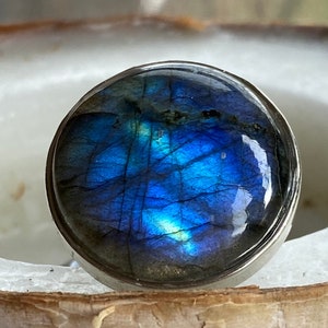 Round Labradorite ring extra large blue moon moonstone ring 925 sterling silver set size 11 bezel set huge boho statement rings for women