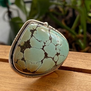 Genuine Turquoise ring sterling silver bezel set adjustable size blue green bohemian chunky natural Tibetan Turquoise boho statement jewelry