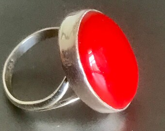 Anello in argento sterling con corallo rosso - Anello ovale grande, misura 9