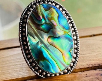 Abalone Shell Rings-Large Natural Mother Of Pearl Silver Set Ring-June Birthstone Jewelry-Handcrafted Adjustable Size-Unique Gifts for Women