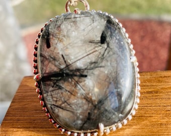 Rutile Quartz pendant necklace top grade healing natural pear gemstone statement unique handmade sterling silver 925 designer for mens women