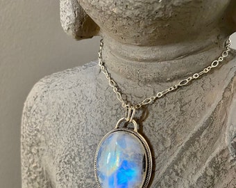 Moonstone Pendant Necklace: Large Oval Statement Piece for Men and Women in Sterling Silver 925 - June Birthstone Engagement Gifts for Her