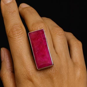 Long Ruby Ring Sterling Silver Set for Women| Pink Gemstone Statement Rings: Adjustable Size Boho Rings |large Rectangle Rings |Ruby Jewelry
