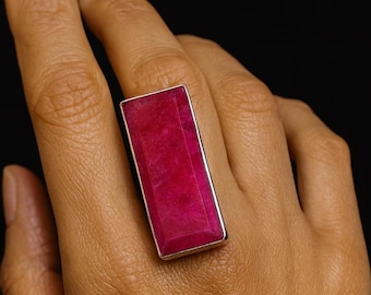 Long Ruby Ring Sterling Silver Set for Women| Pink Gemstone Statement Rings: Adjustable Size Boho Rings |large Rectangle Rings |Ruby Jewelry