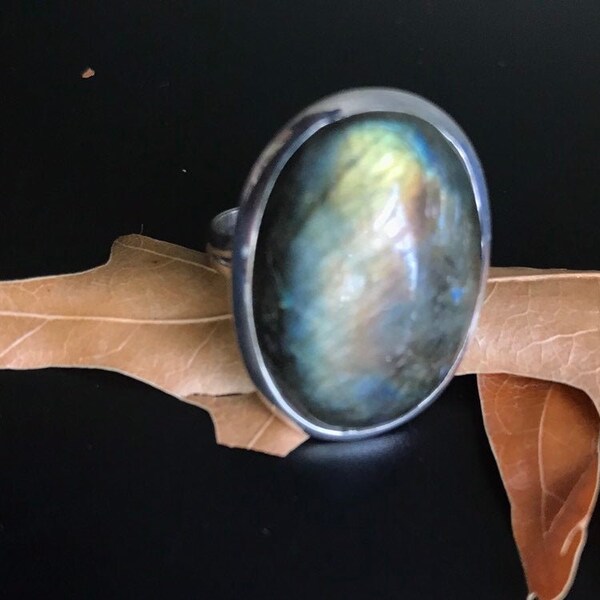 Labradorite Ring Sterling Silver, Size 9.75, Labradorite Green Fire Statement, Labradorite bezel set Artisan Ring, Boho Beach Gemstone Ring