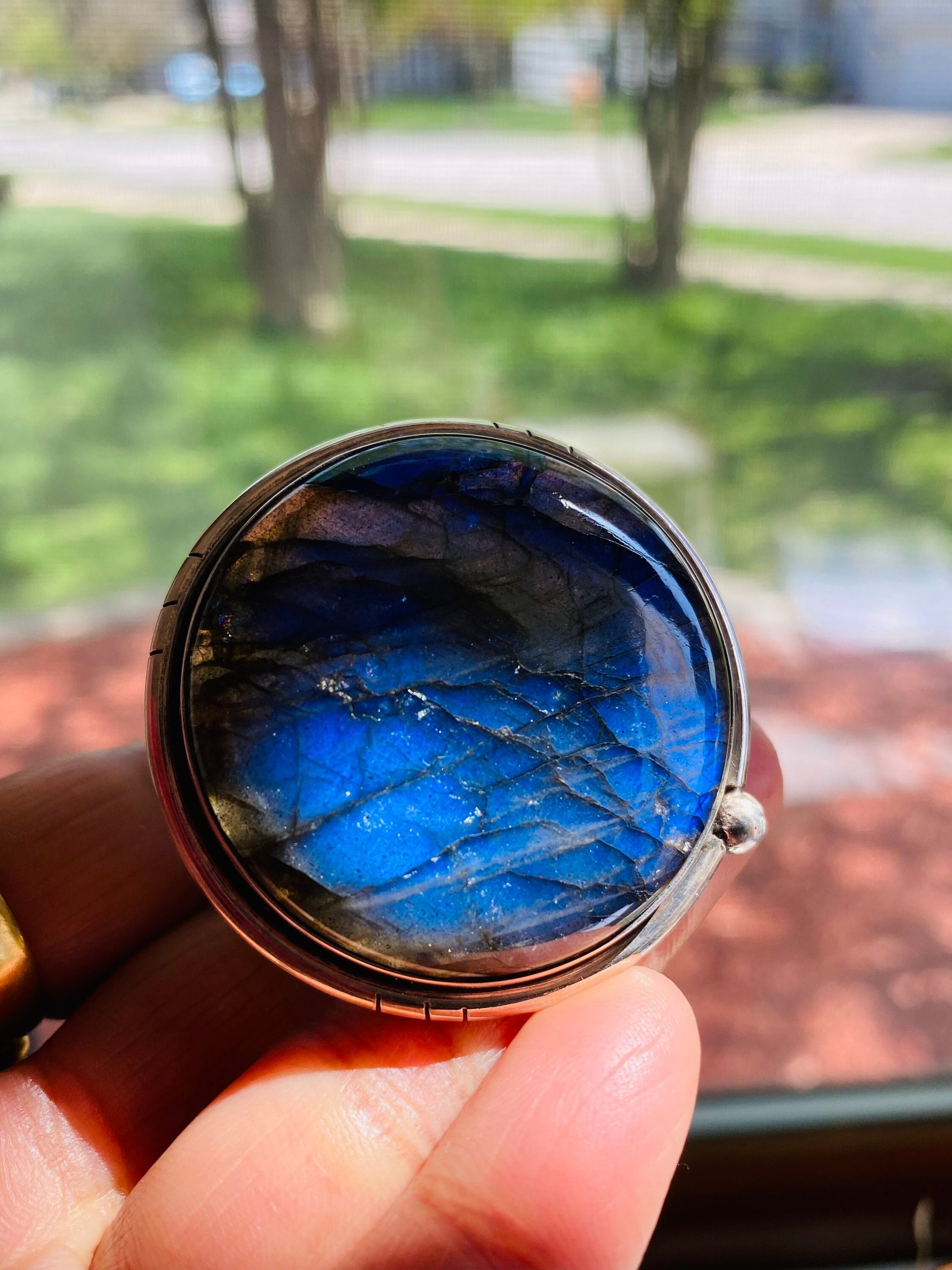 サイズ13 ラブラドライトリング：スターリングシルバーラウンド