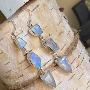 Moonstone Earrings Sterling Silver 925- Moonstone Waterfall Cascades- Bezel Set Moonstone Earrings-White Bridal Earrings- Link Earrings long