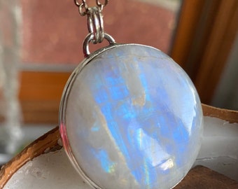 Natural Rainbow Moonstone round pendant necklace very large super moon phase statement sterling silver 925 set big full blue fire Moonstone