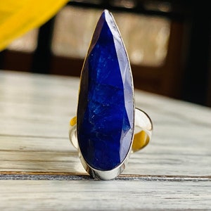 Sapphire Teardrop Ring Sterling Silver for Women- Long Blue Sapphire Pear Statement Ring- 925 Bezel Sapphire Ring-September Birthstone Ring