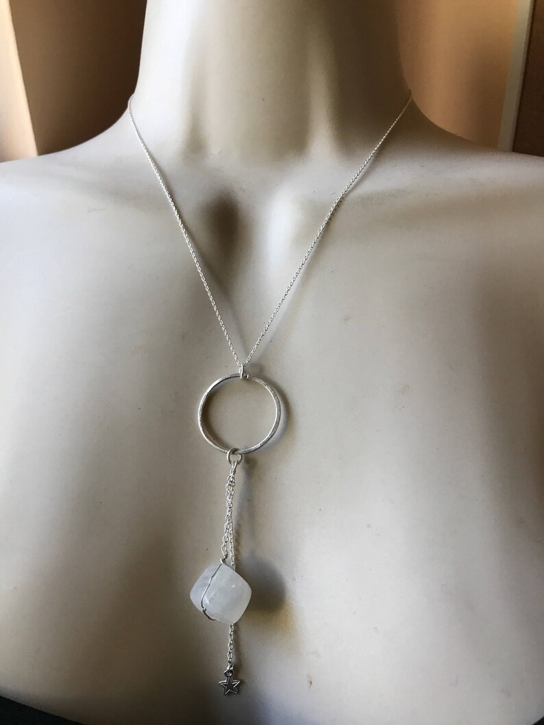 Moonstone necklace dangly star and circle moonstone lariat natural gemstone moonstone chunky crystal handmade Tassel necklace for her women
