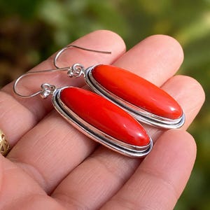 Red Coral Gemstone Earrings | Large Rectangular Bar Cabochon Dangle Earrings in 925 Sterling Silver |Holiday Cocktail Statement Jewelry