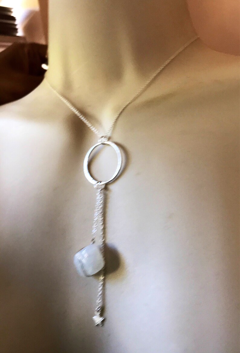 Moonstone necklace dangly star and circle moonstone lariat natural gemstone moonstone chunky crystal handmade Tassel necklace for her women