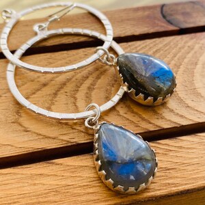 Labradorite Statement Dangle Earrings with Sterling Silver Hoops- Oxidized Rustic Chic Bohemian large Gemstone Drops, Holiday Gifts for her