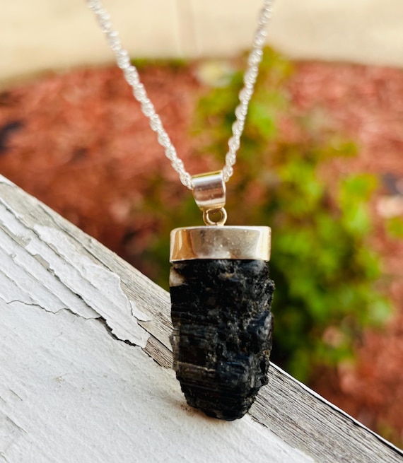 Raw Shungite Bar Necklace Sterling Silver EMF Protection Pendant