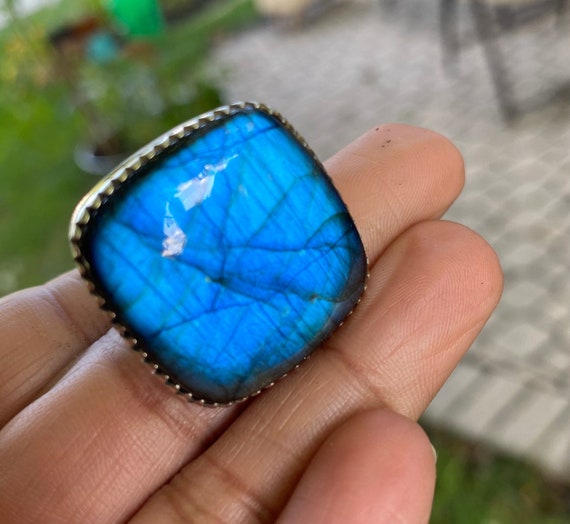 Square Labradorite Ring: Adjustable 925 Sterling Silver Bezel Set