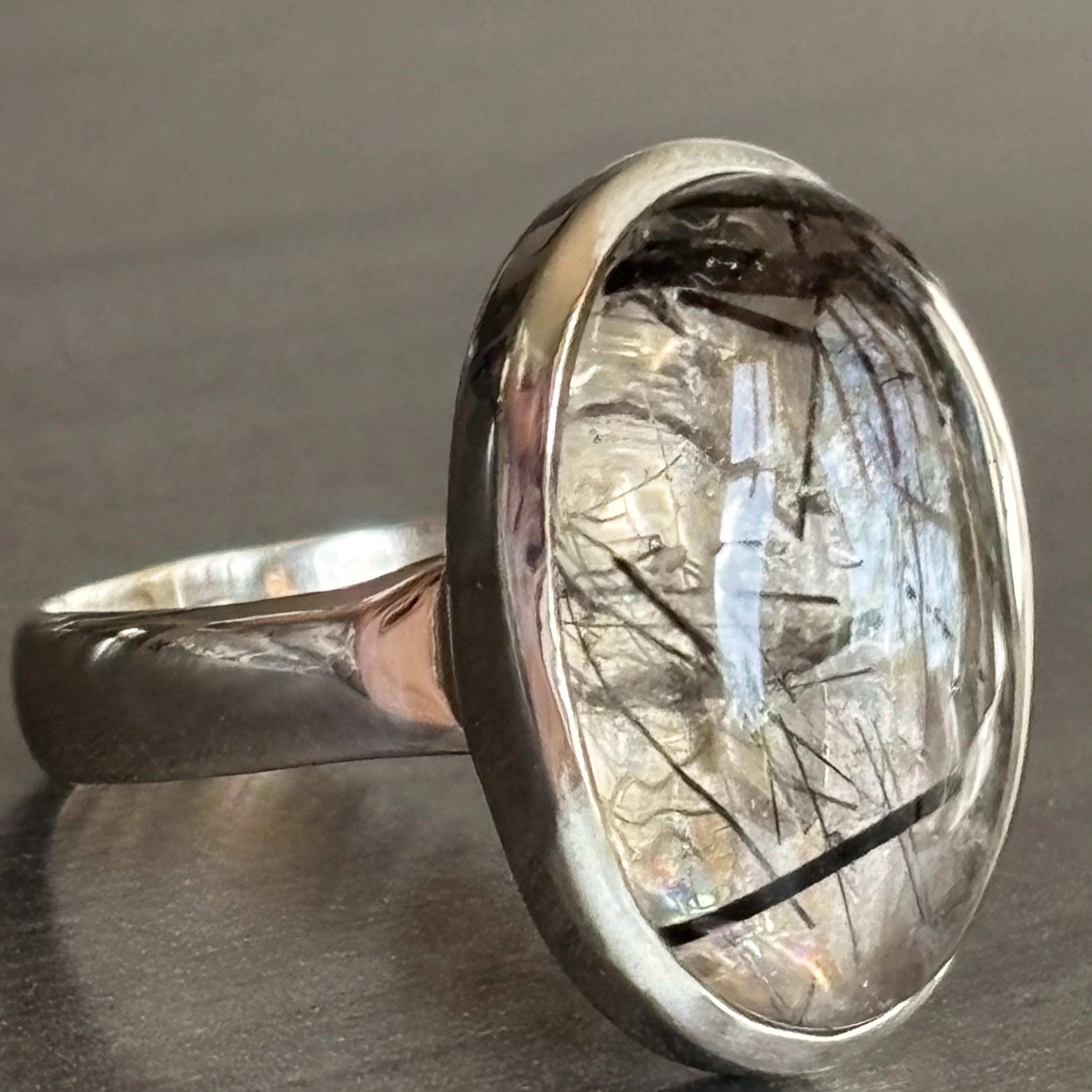 Bague Argent 925 Avec Quartz Rutilé Et Tourmaline Noire - Taille 56, Neuve Avec étiquettes