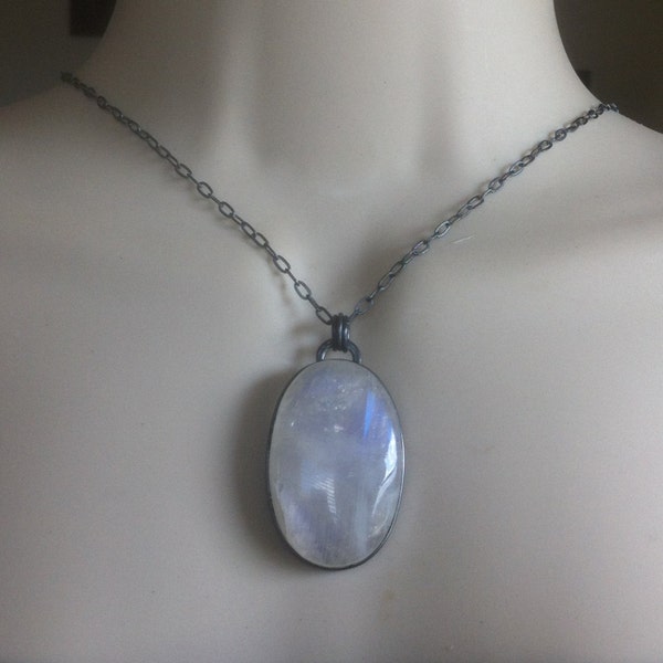 Rainbow Moonstone Pendant Necklace 925 Silver Artisan Bezel Set Oval Vintage Patina Big Moonstone Pendant Necklace Moonstone Jewelry