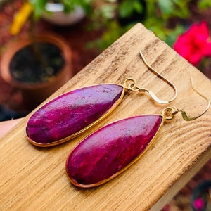 Ruby Earrings- Pink Gemstone Teardrop Earrings-Ruby Sterling Silver or Vermeil Gold Earrings-Cabochon Earrings- Large Pink Crystal Earrings