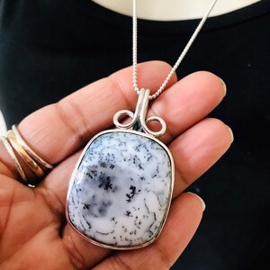 White Gemstone Pendant Necklace Sterling Silver For Men Women- Genuine Dendritic Opal Agate Pendant  Jewelry Gifts For Mom Dad-Natural Stone
