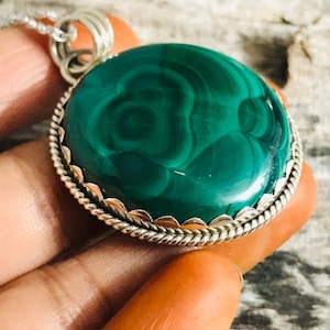 Malachite pendant necklace sterling silver natural Malachite large round gemstone pendant April May birthstone jewelry gifts for wife women