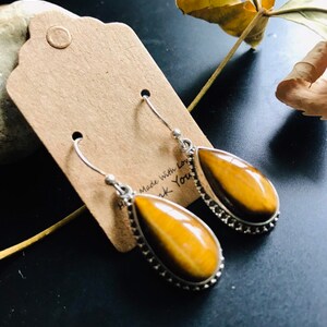 Tiger’s eye earrings long teardrop sterling silver set boho statement natural Tigereye gemstone dangles handmade TigersEye 925 jewelry gifts