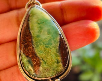 Chrysoprase Necklace Sterling Silver Set-Large Chrysoprase Pendant Chain Necklace for Women- Green Gemstone Necklace-Natural Chrysoprase 925