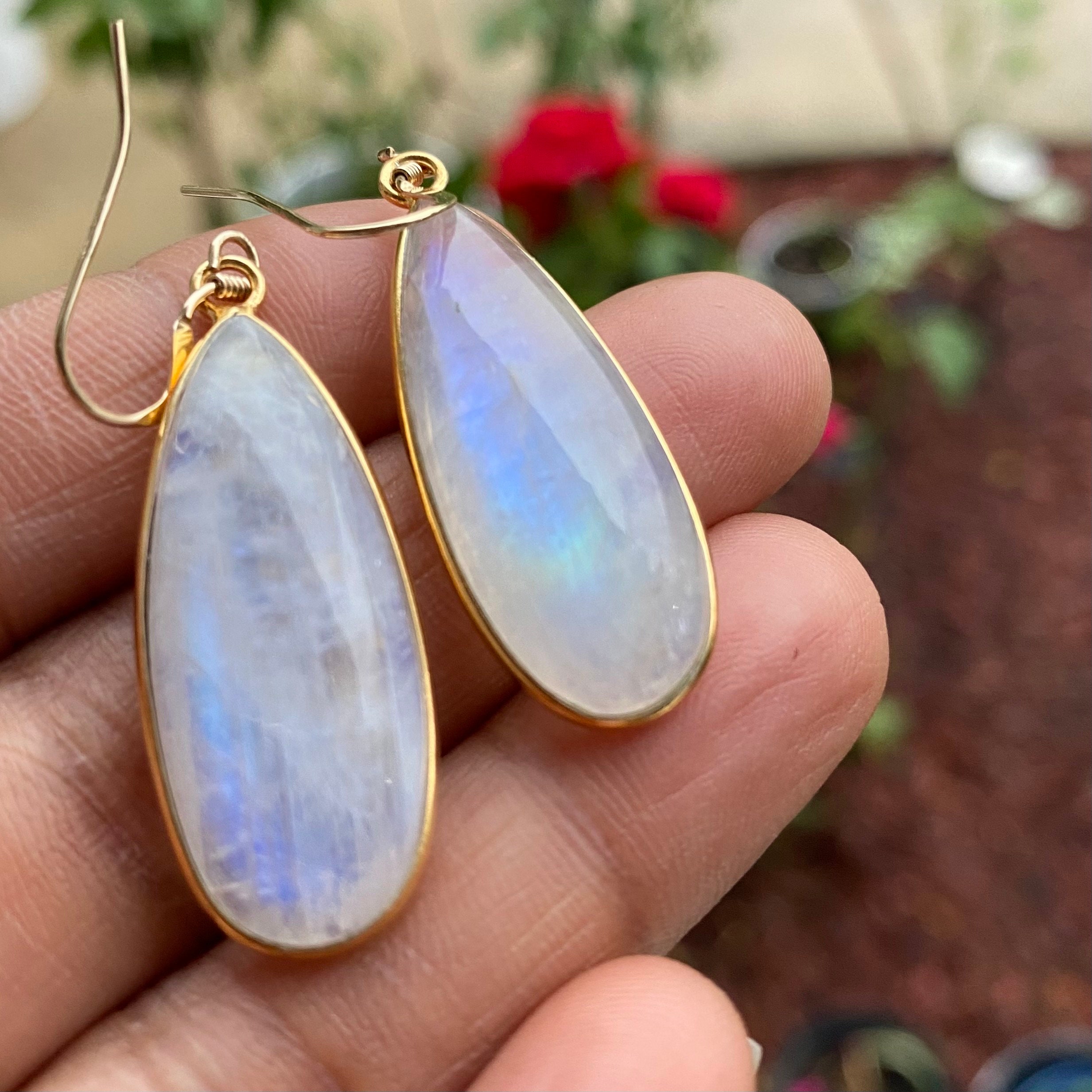Vermeil Moonstone Teardrop Earrings: Sterling Silver Bezel, June Birthstone
