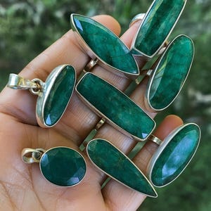 emerald rings handmade cabochon statement- Emerald Jew set with matching pendant earrings in various shapes and sizes. long rectangle, pear cut.  teardrops , oval, ans obong faceted cut gemstones.