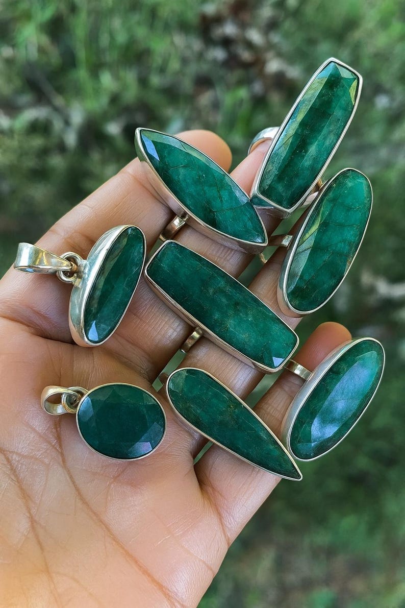 emerald rings handmade cabochon statement- Emerald Jew set with matching pendant earrings in various shapes and sizes. long rectangle, pear cut.  teardrops , oval, ans obong faceted cut gemstones.