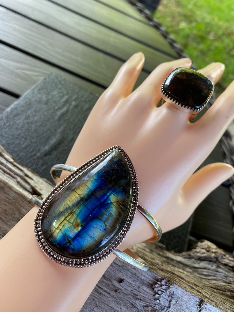 Labradorite statement jewelry set - ring earrings bracelet for men women - gifts for her him