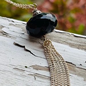 Black Onyx Tassel Necklace – Faceted Round Pendant in Sterling Silver with Balinese Beads – Boho Minimal Jewelry for Women- Necklace for Her