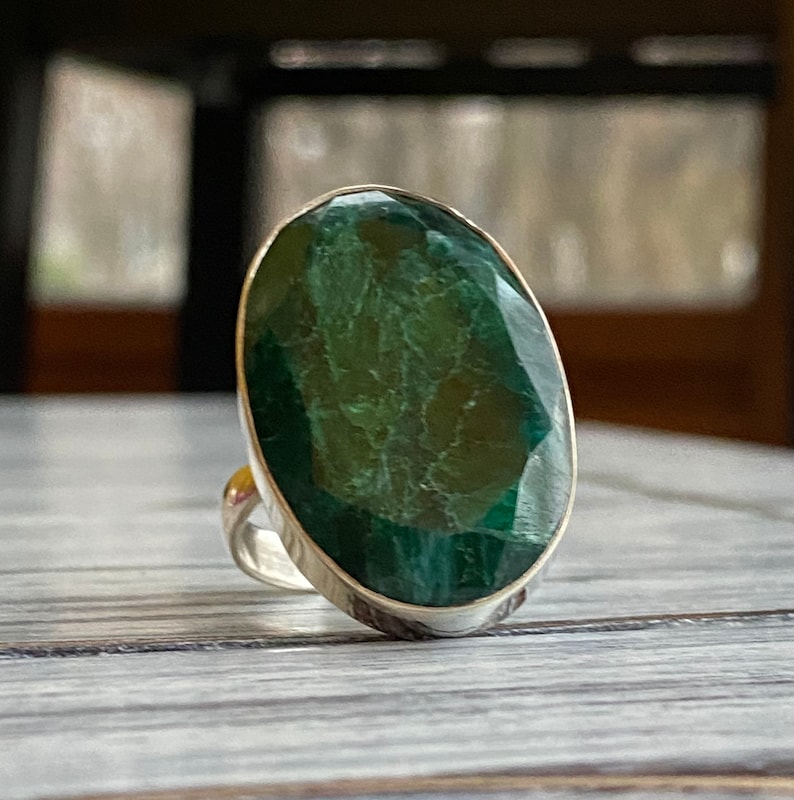 Rose cut Emerald silver ring with a large, oval-shaped, green gemstone boho statement